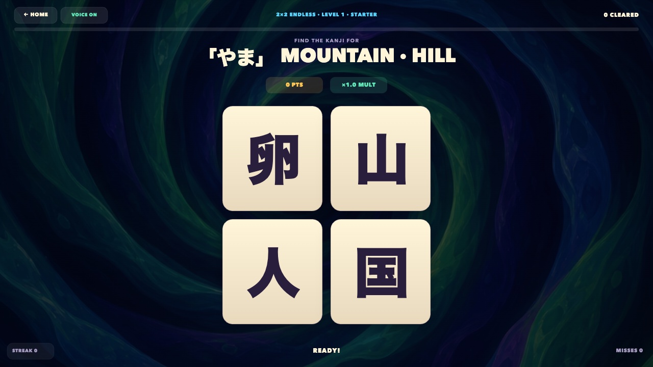 KanjiBlitz Endless 2 by 2 mode with four large kanji tiles