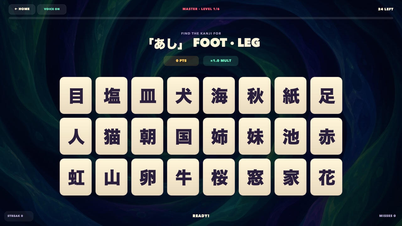 KanjiBlitz Master Level 1 with 24 Japanese kanji tiles