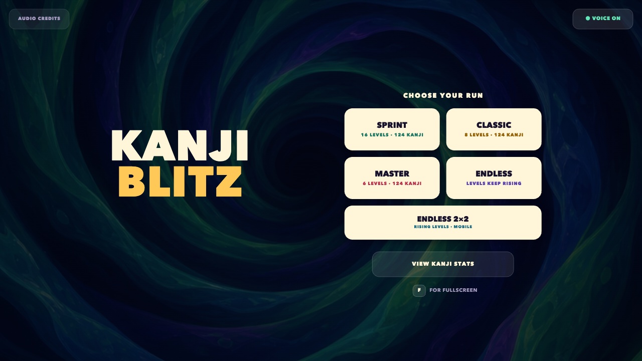 KanjiBlitz title screen showing Sprint, Classic, Master, Endless, and Endless 2 by 2 modes